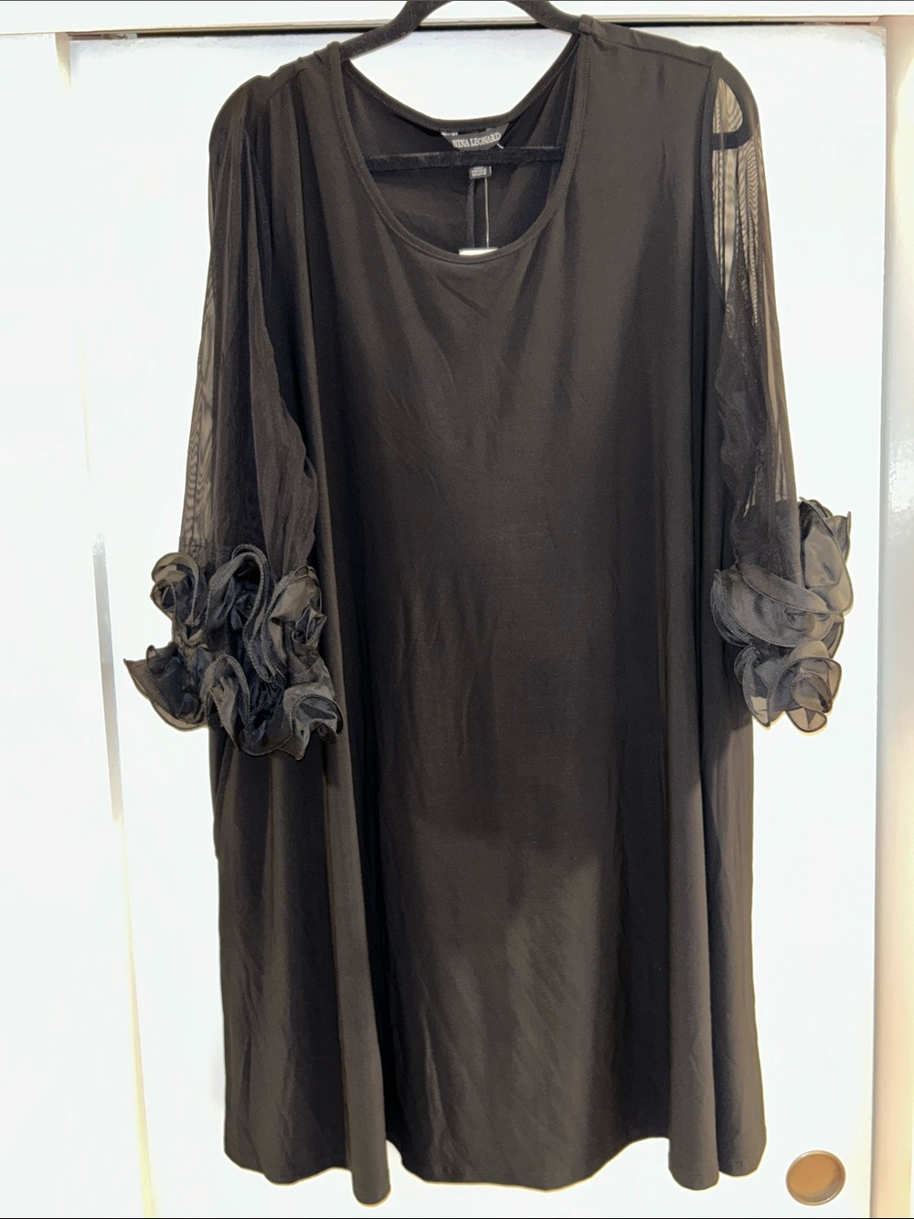 Nina Leonard Black Sheer-Sleeve Swing Tunic with Floral Cuffs